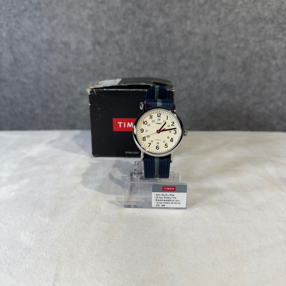 Timex Weekender Watch Navy Stripe Band Analog Display Silver Case